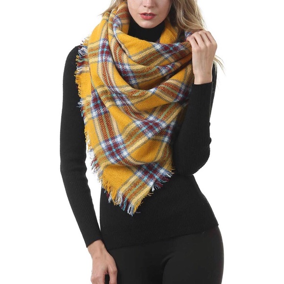 Accessories - Large Tartan Plaid Blanket Scarf Yellow Brown